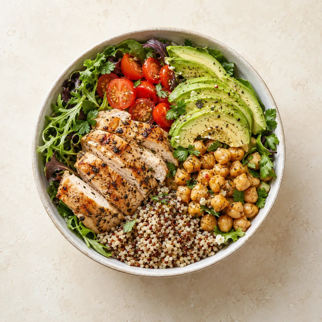Chicken and quinoa bowl with chickpeas, avocado, tomatoes and leafy greens