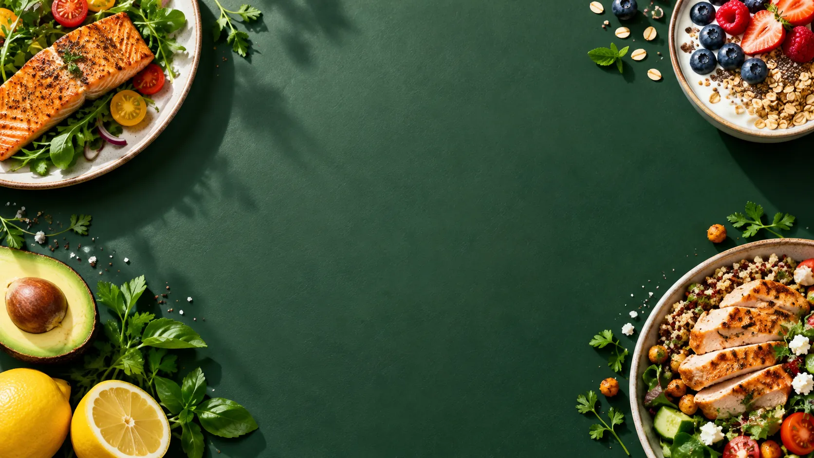 Colourful salmon, grains, avocado and berry bowls arranged on a deep green table